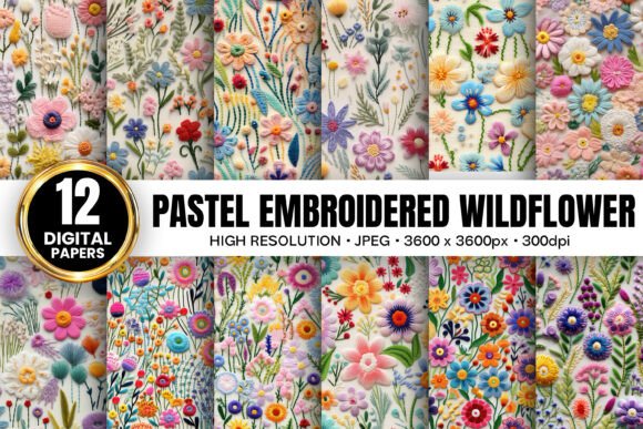 Pastel Wildflowers Embroidery Patterns & Digital Paper
